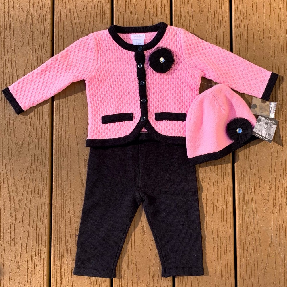 🆕PIPER & POSIE INFANTS 3 PIECE SWEATER HAT SET SIZE 3 - 6 M NWTS!